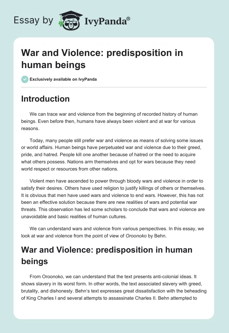 War and Violence: Predisposition in Human Beings. Page 1