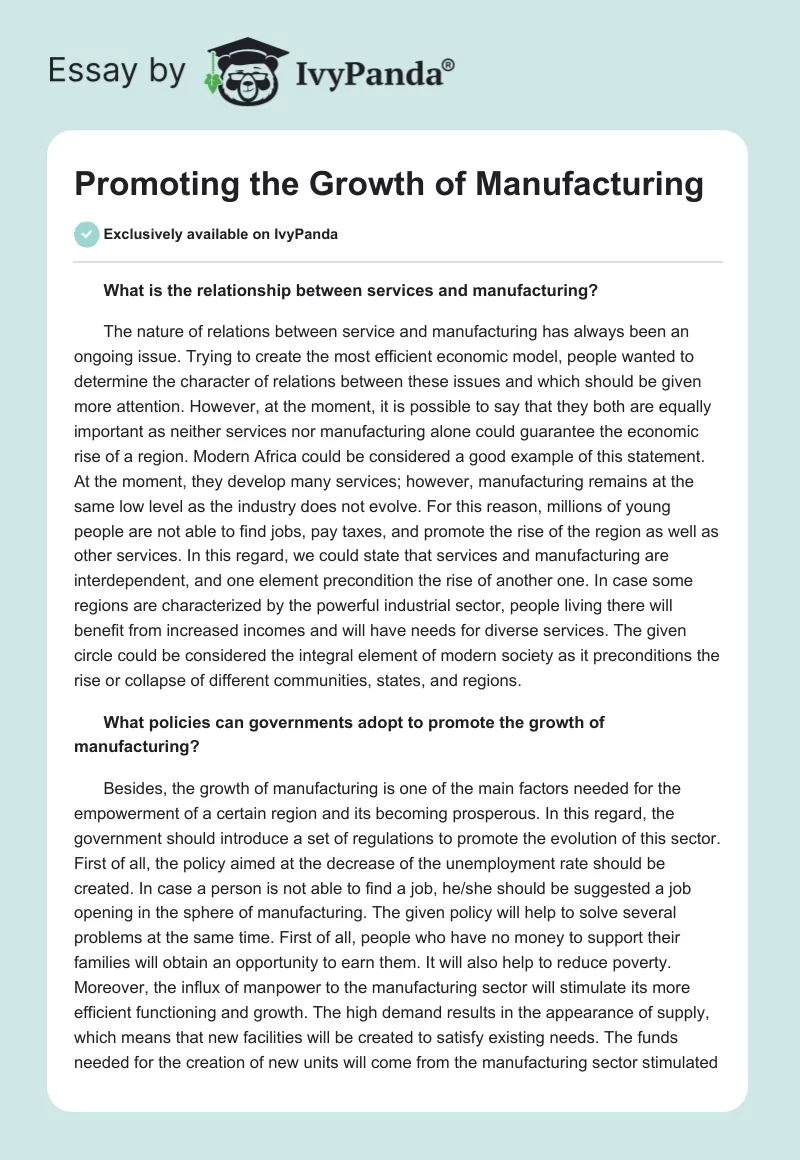 Promoting the Growth of Manufacturing. Page 1