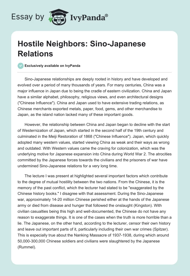 Hostile Neighbors: Sino-Japanese Relations. Page 1