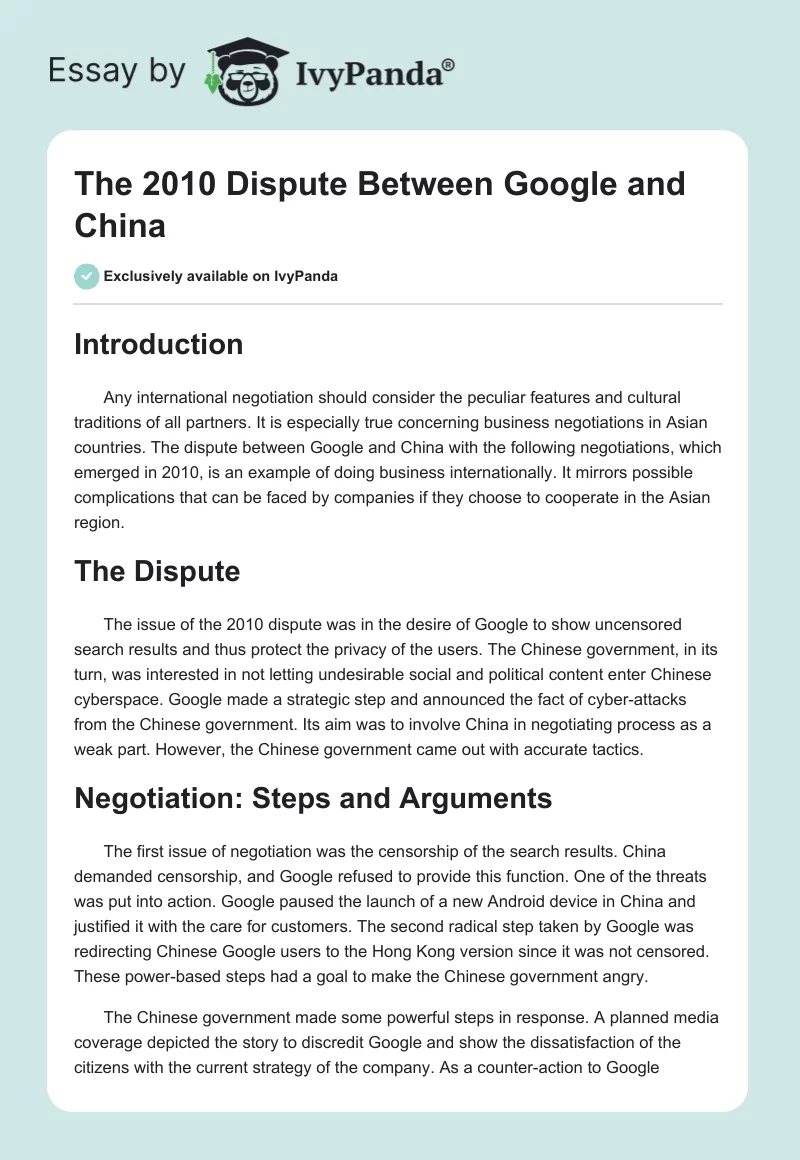 The 2010 Dispute Between Google and China. Page 1
