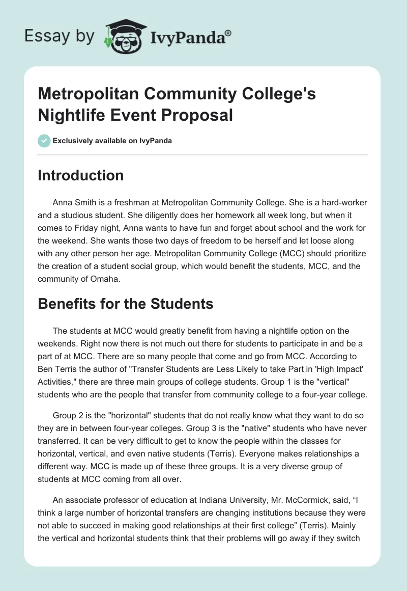 Metropolitan Community College's Nightlife Event Proposal. Page 1