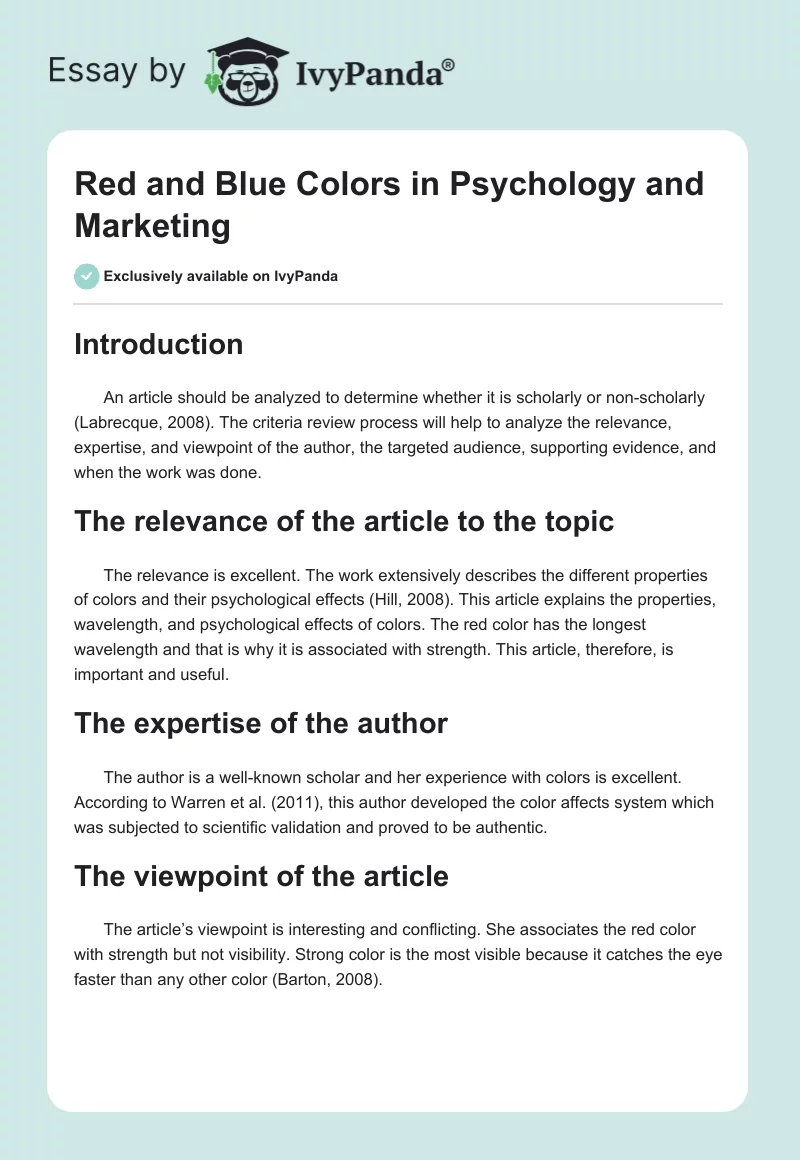 Red and Blue Colors in Psychology and Marketing. Page 1