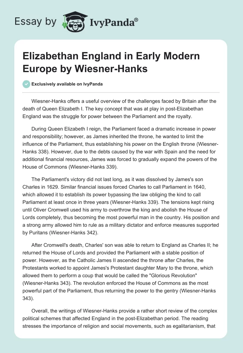 Elizabethan England in "Early Modern Europe" by Wiesner-Hanks. Page 1