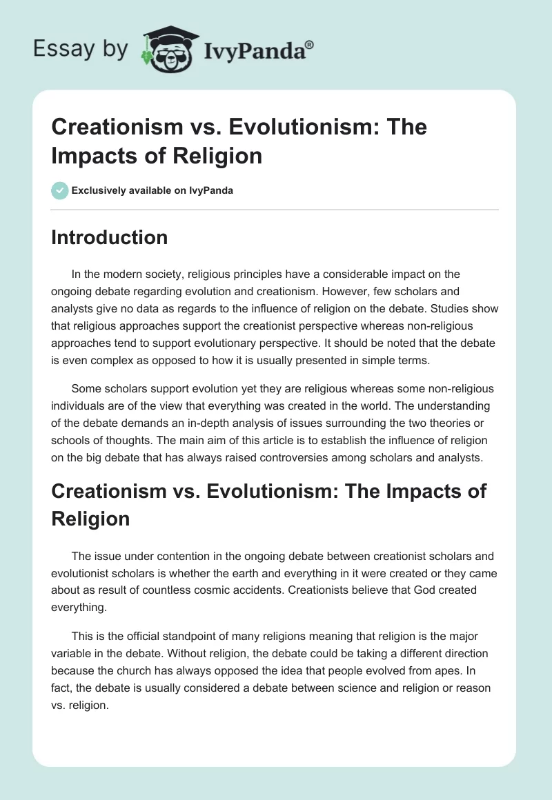 Creationism vs. Evolutionism: The Impacts of Religion. Page 1