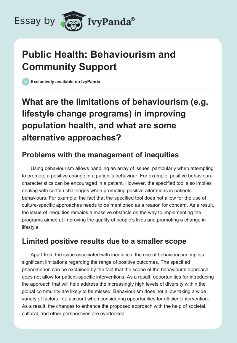 Public Health: Behaviourism and Community Support. Page 1