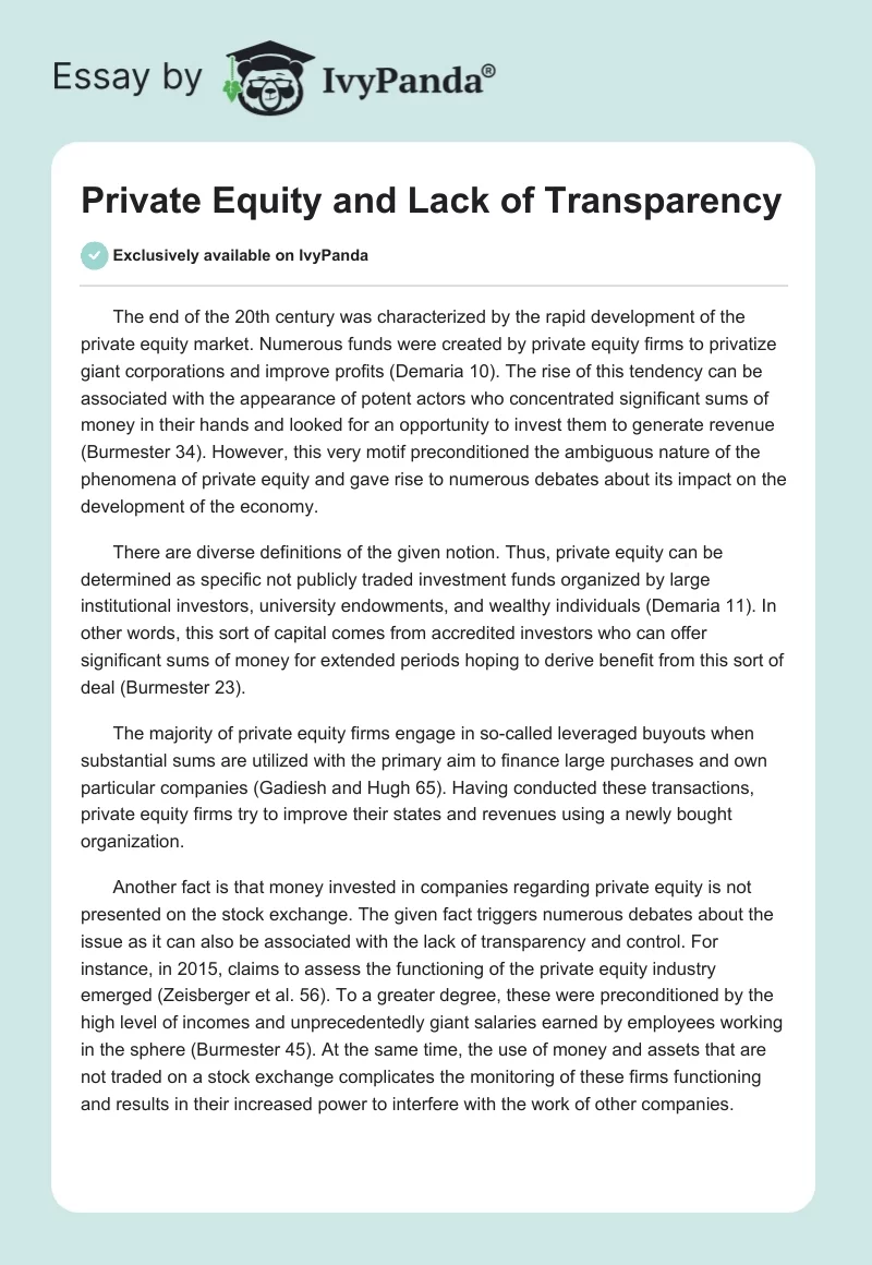 Private Equity and Lack of Transparency. Page 1