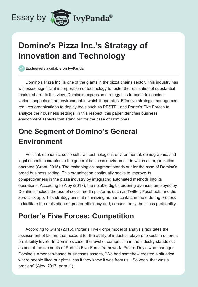 Domino’s Pizza Inc.’s Strategy of Innovation and Technology. Page 1