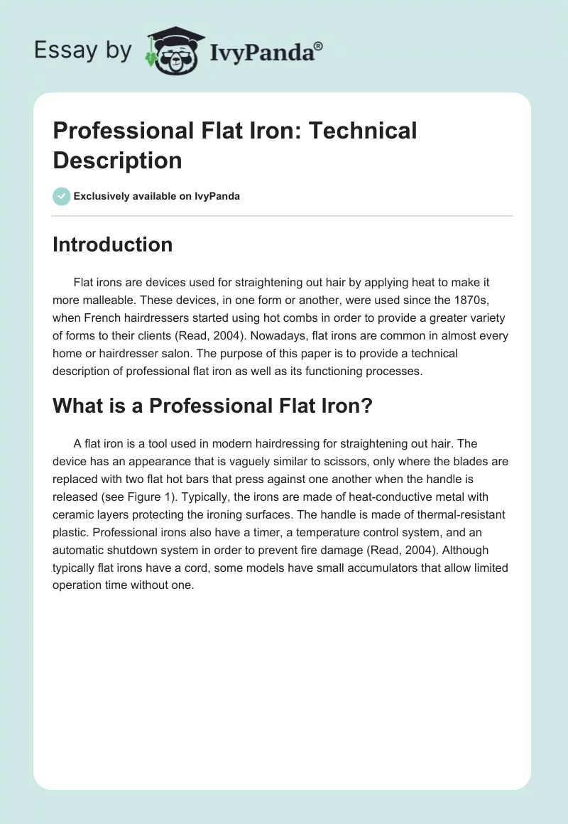 Professional Flat Iron: Technical Description. Page 1