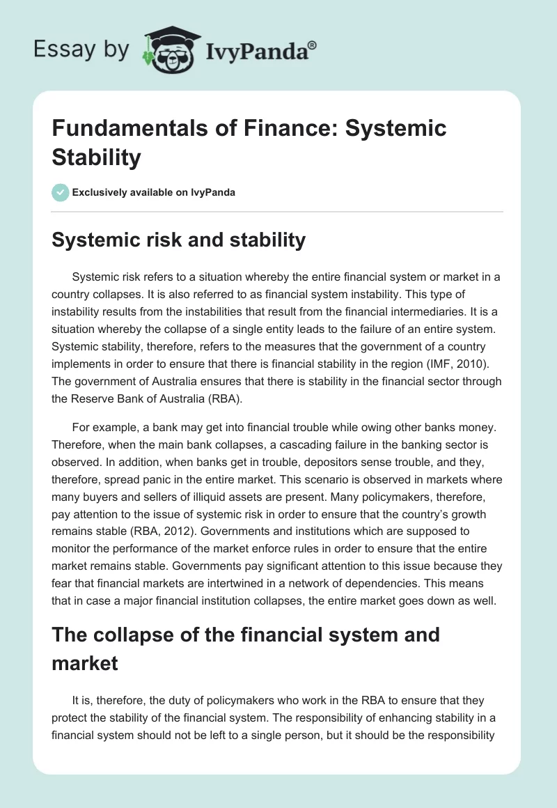 Fundamentals of Finance: Systemic Stability. Page 1