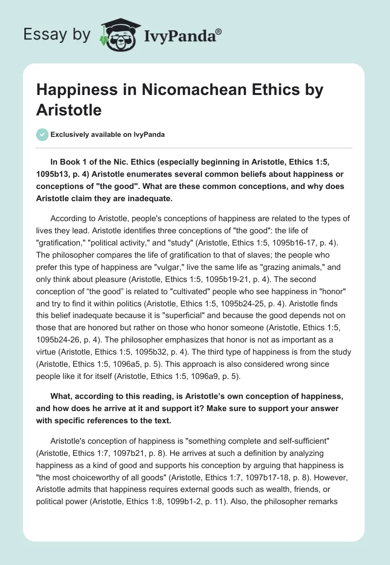 Happiness in "Nicomachean Ethics" by Aristotle. Page 1