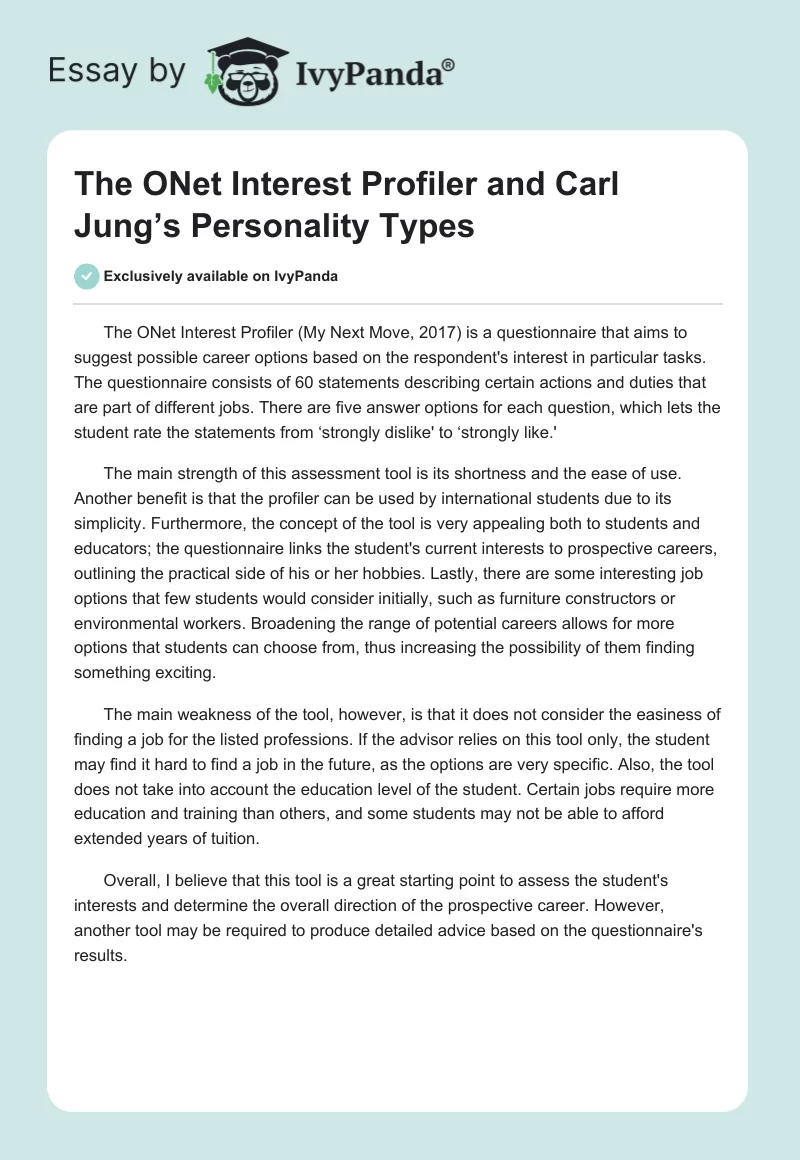 The ONet Interest Profiler and Carl Jung’s Personality Types. Page 1