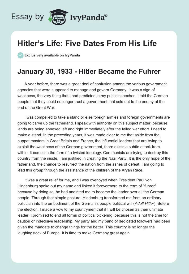 Hitler’s Life: Five Dates From His Life. Page 1
