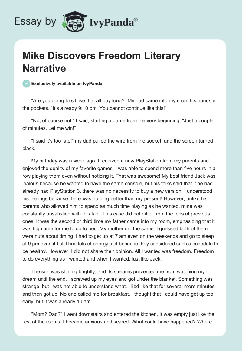 "Mike Discovers Freedom" Literary Narrative. Page 1
