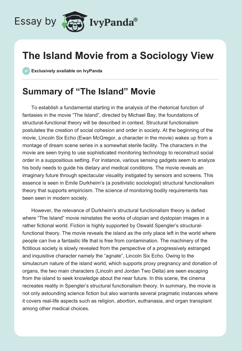 "The Island" Movie from a Sociology View. Page 1