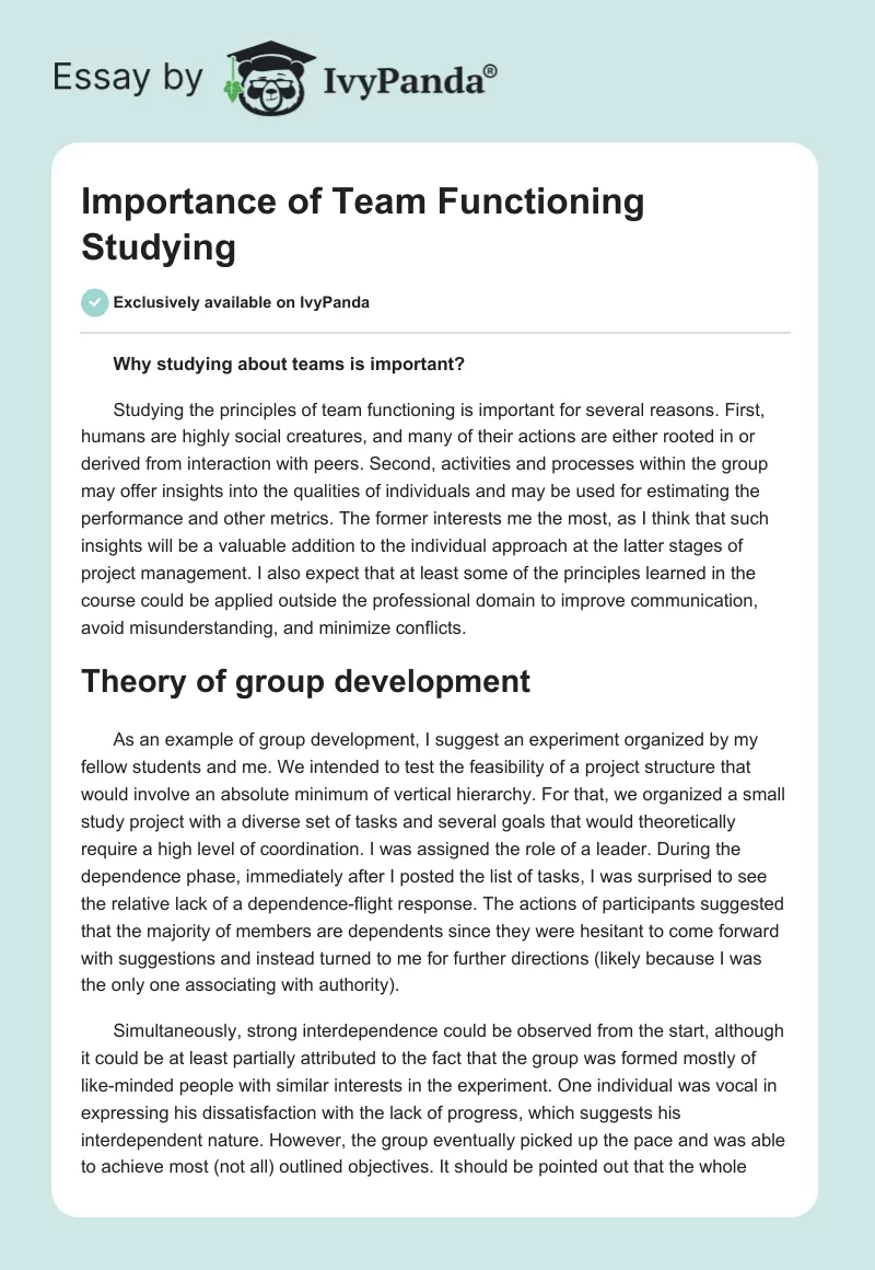 Importance of Team Functioning Studying. Page 1