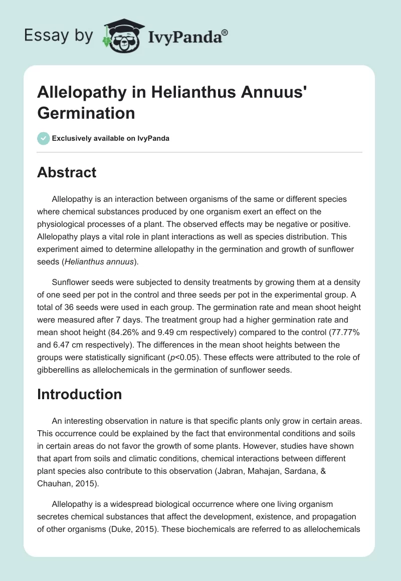 Allelopathy in Helianthus Annuus' Germination. Page 1