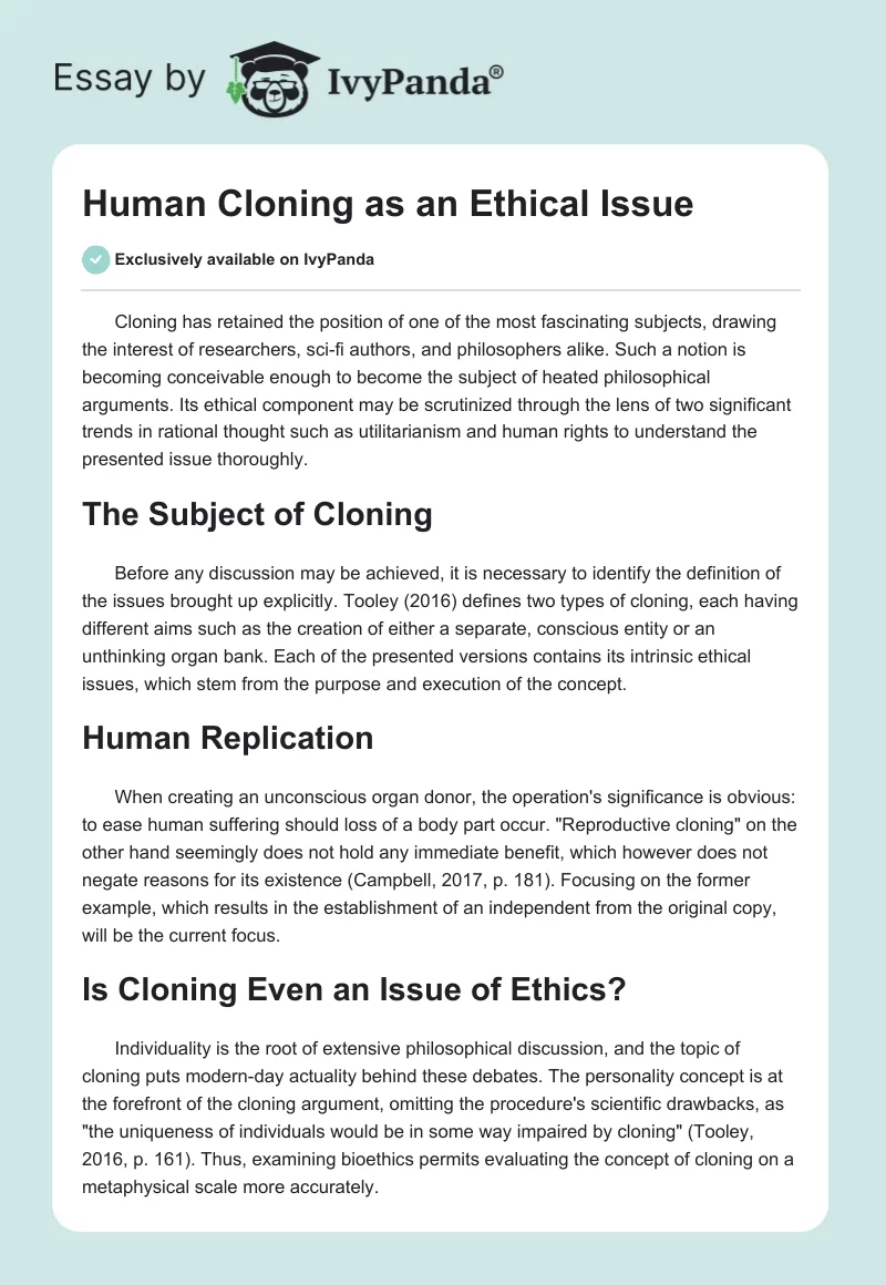 Human Cloning as an Ethical Issue. Page 1