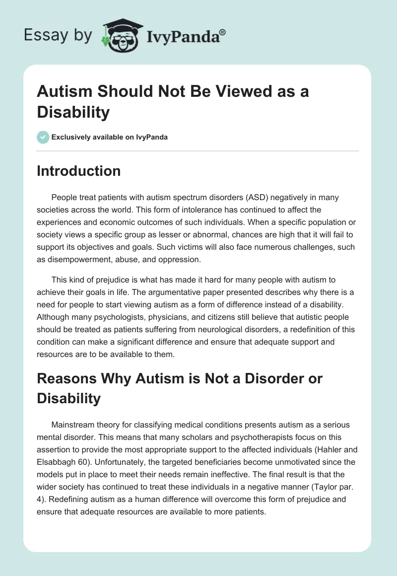Autism Should Not Be Viewed as a Disability. Page 1