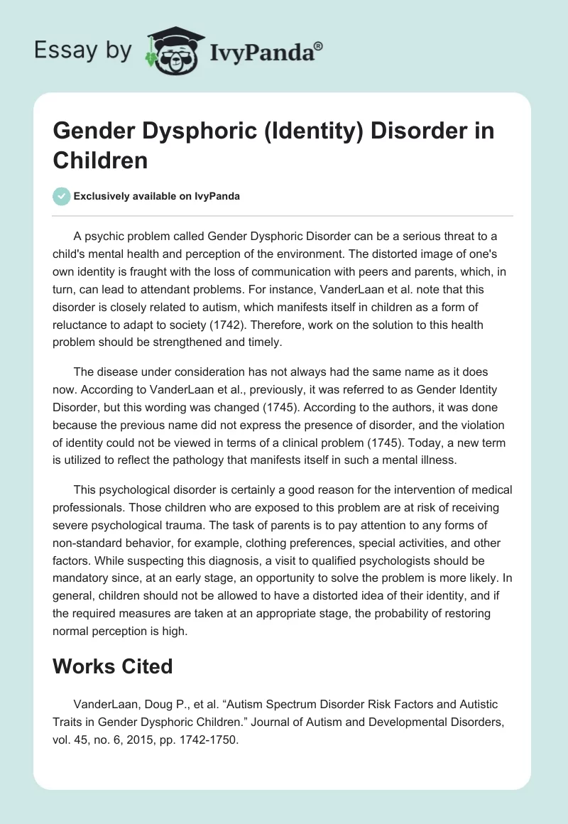 Gender Dysphoric (Identity) Disorder in Children. Page 1