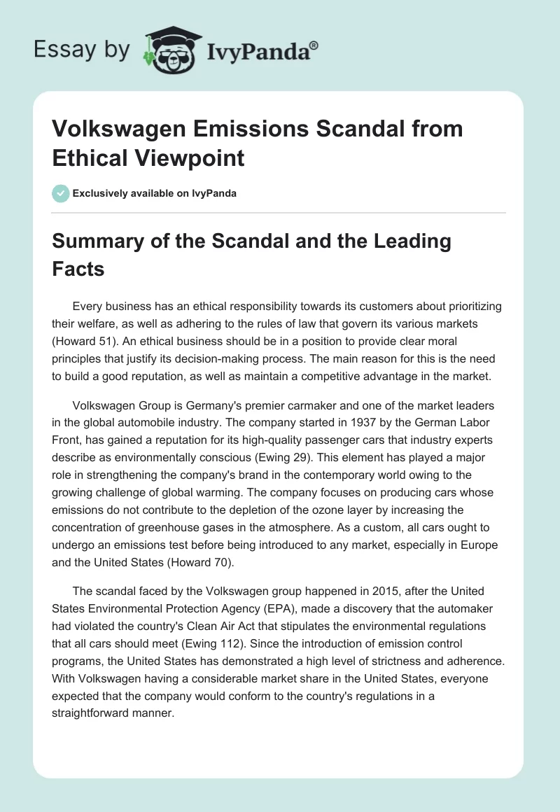 Volkswagen Emissions Scandal From Ethical Viewpoint. Page 1