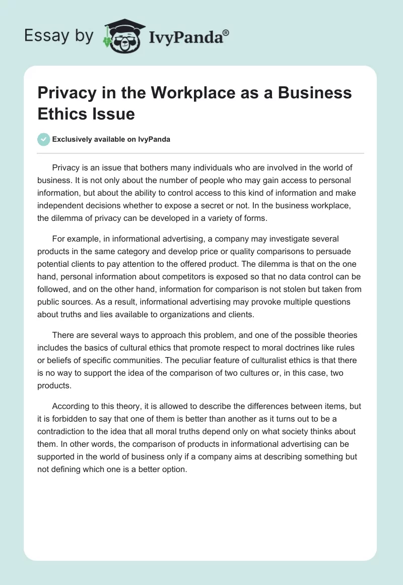 Privacy in the Workplace as a Business Ethics Issue. Page 1