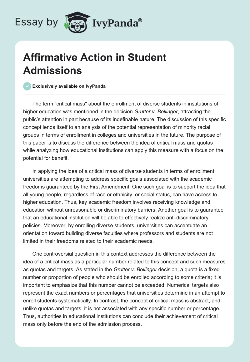Affirmative Action in Student Admissions. Page 1
