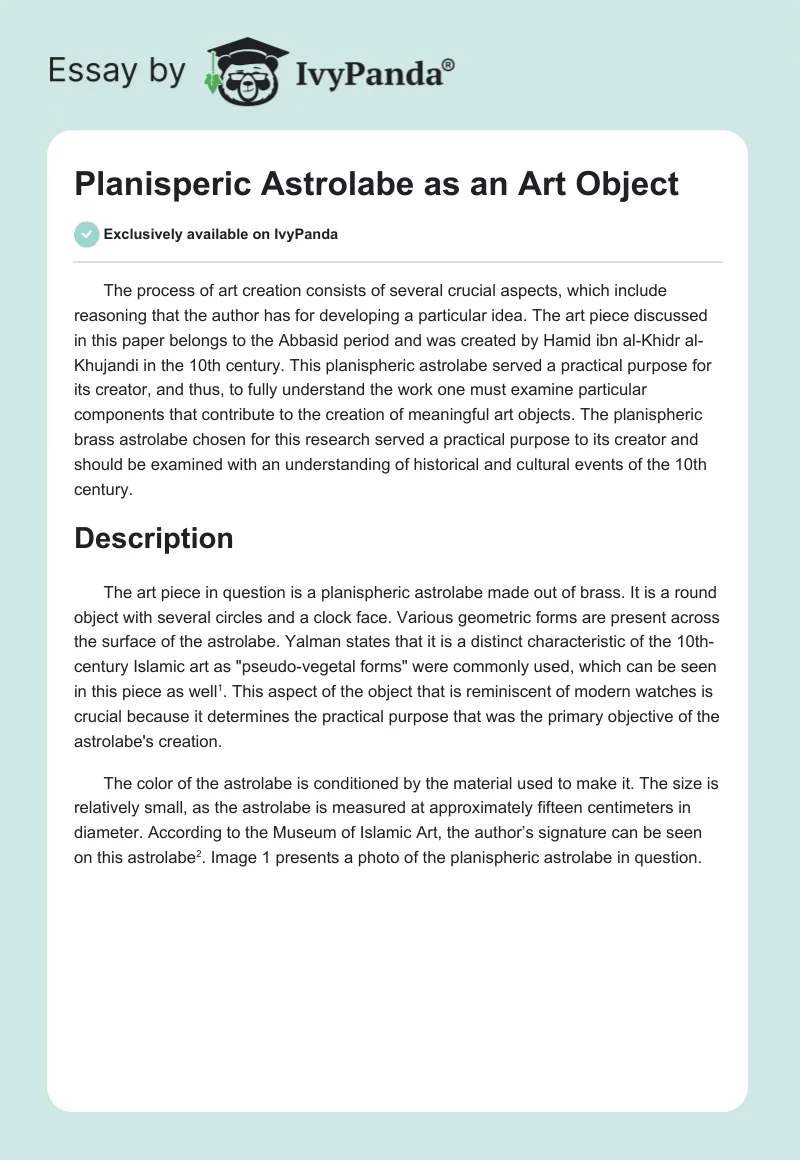 Planisperic Astrolabe as an Art Object. Page 1