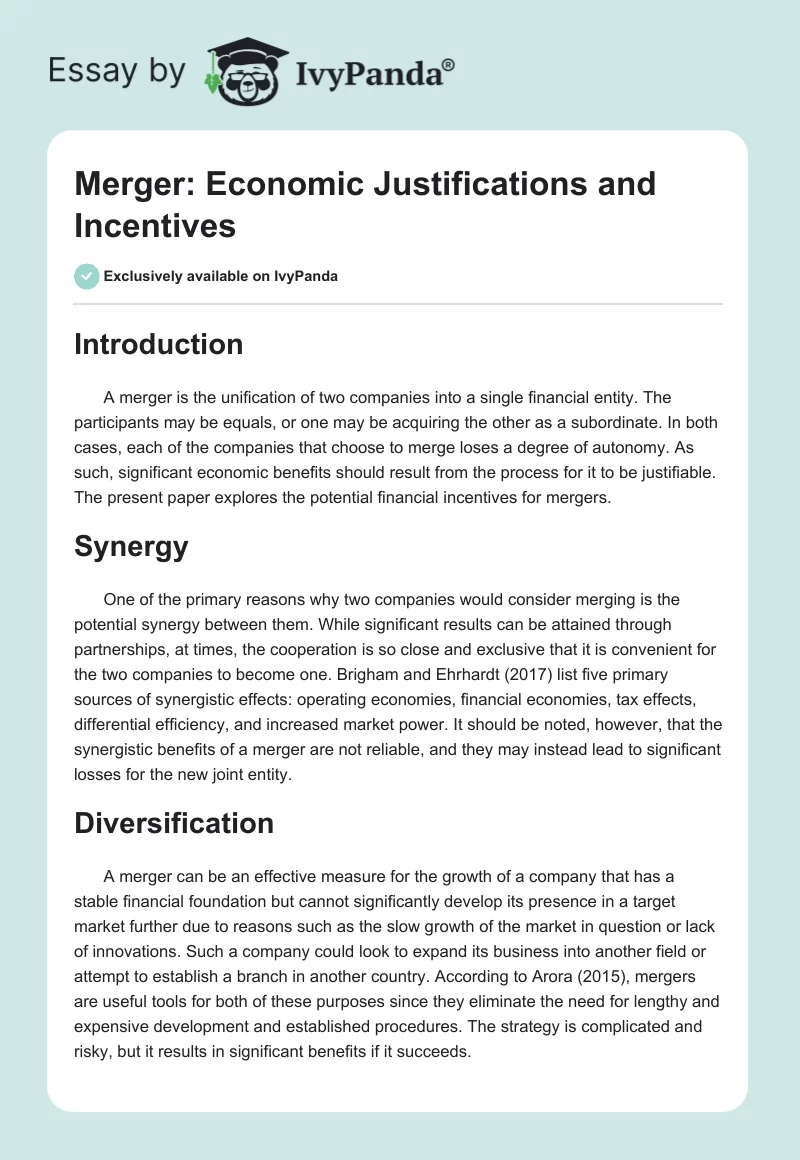 Merger: Economic Justifications and Incentives. Page 1