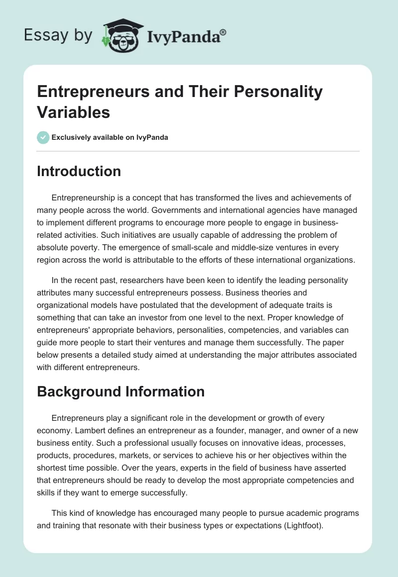 Entrepreneurs and Their Personality Variables. Page 1