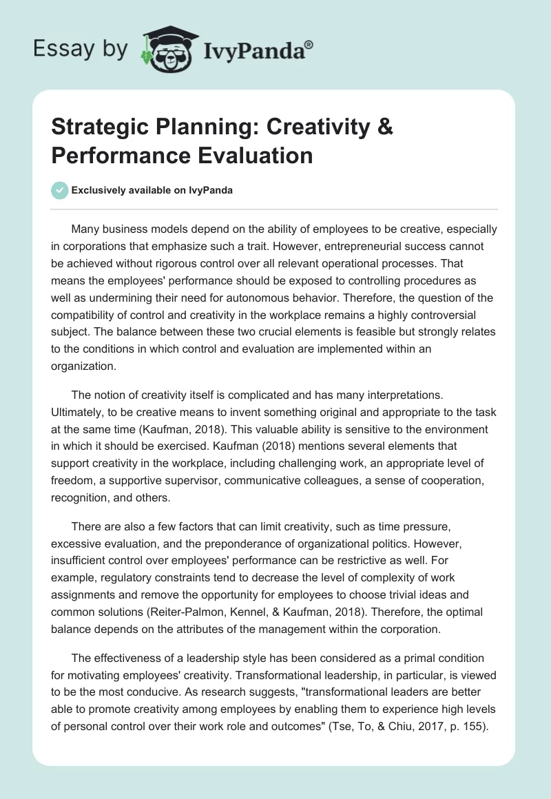 Strategic Planning: Creativity & Performance Evaluation. Page 1