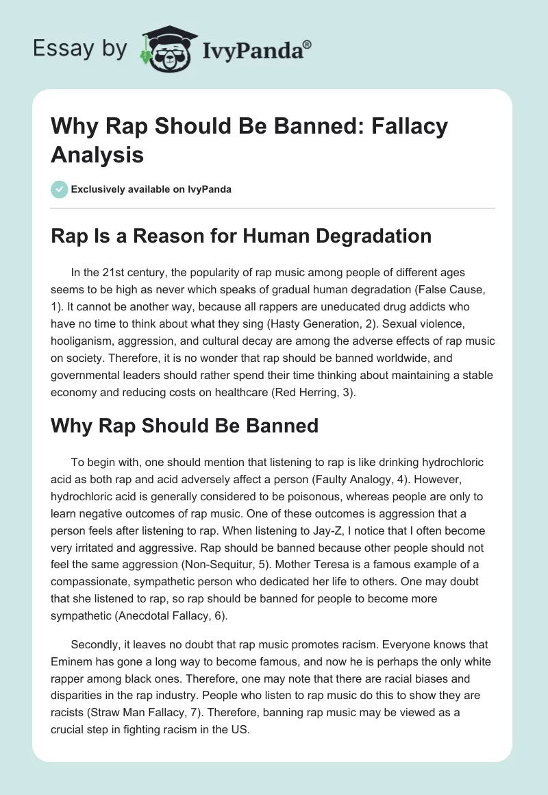 "Why Rap Should Be Banned": Fallacy Analysis. Page 1