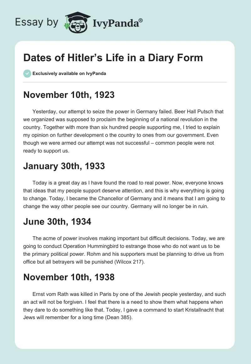 Dates of Hitler’s Life in a Diary Form. Page 1