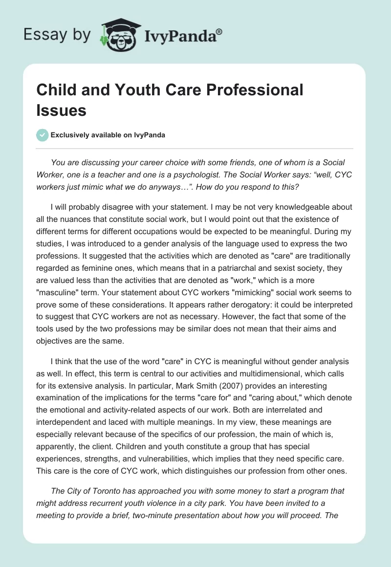 Child and Youth Care Professional Issues. Page 1