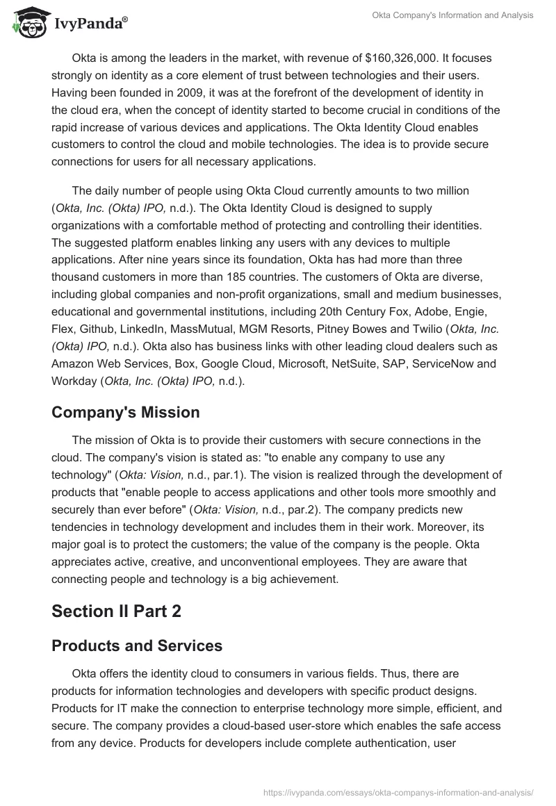 Okta Company's Information and Analysis. Page 2