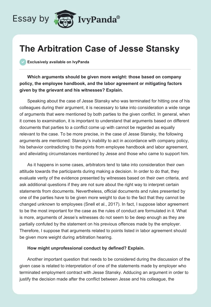 The Arbitration Case of Jesse Stansky. Page 1