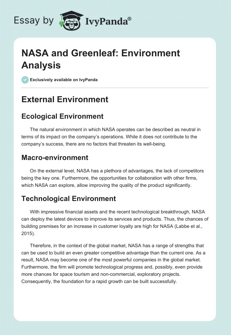 NASA and Greenleaf: Environment Analysis. Page 1