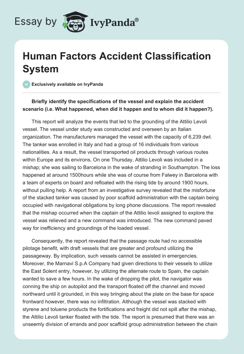 Human Factors Accident Classification System. Page 1