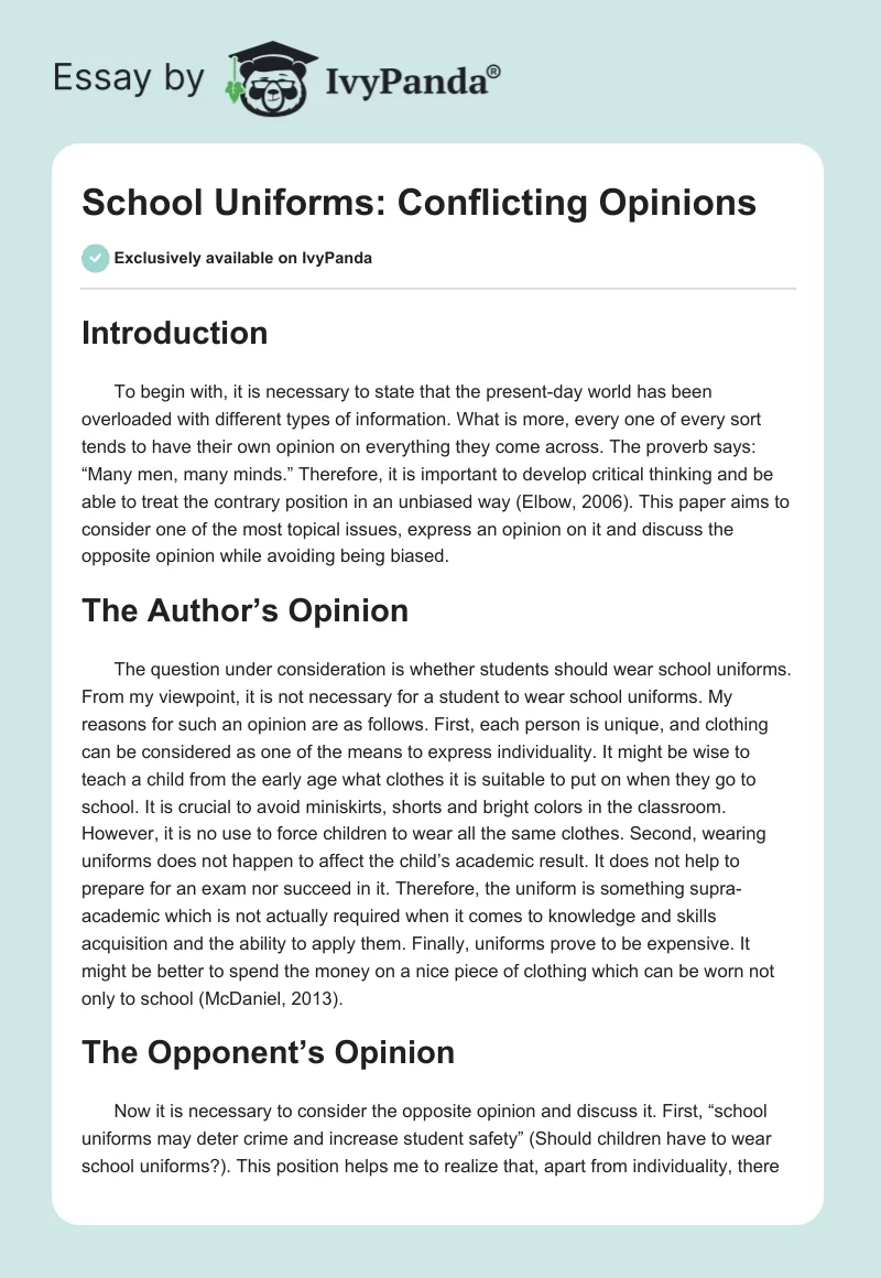 School Uniforms: Conflicting Opinions. Page 1