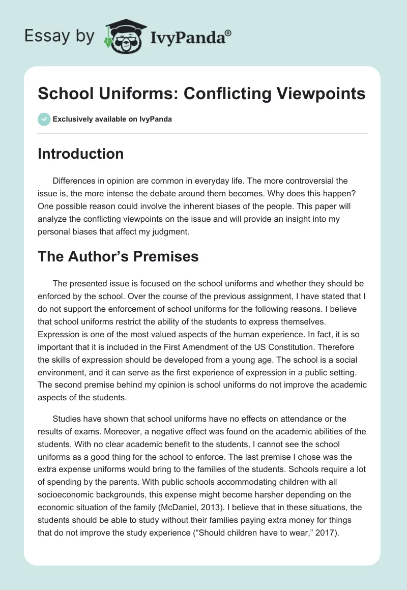 School Uniforms: Conflicting Viewpoints. Page 1