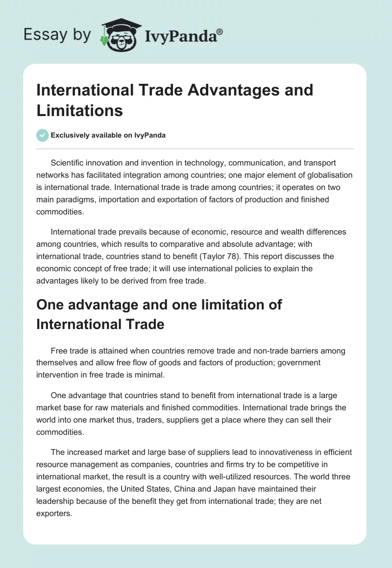 International Trade Advantages and Limitations. Page 1