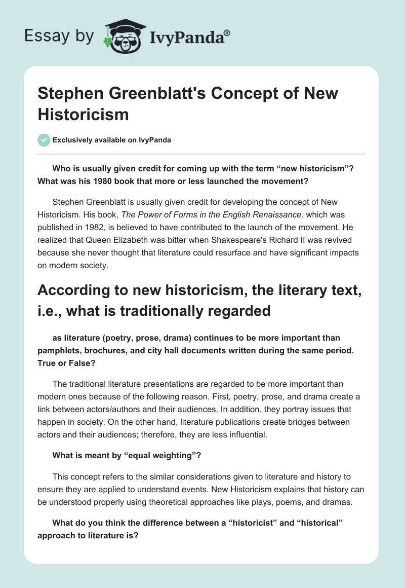 Stephen Greenblatt's Concept of New Historicism. Page 1