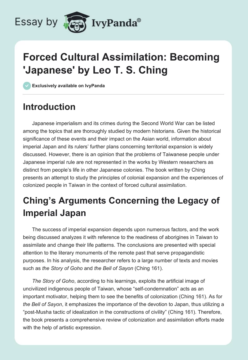 Forced Cultural Assimilation: "Becoming 'Japanese'" by Leo T. S. Ching. Page 1