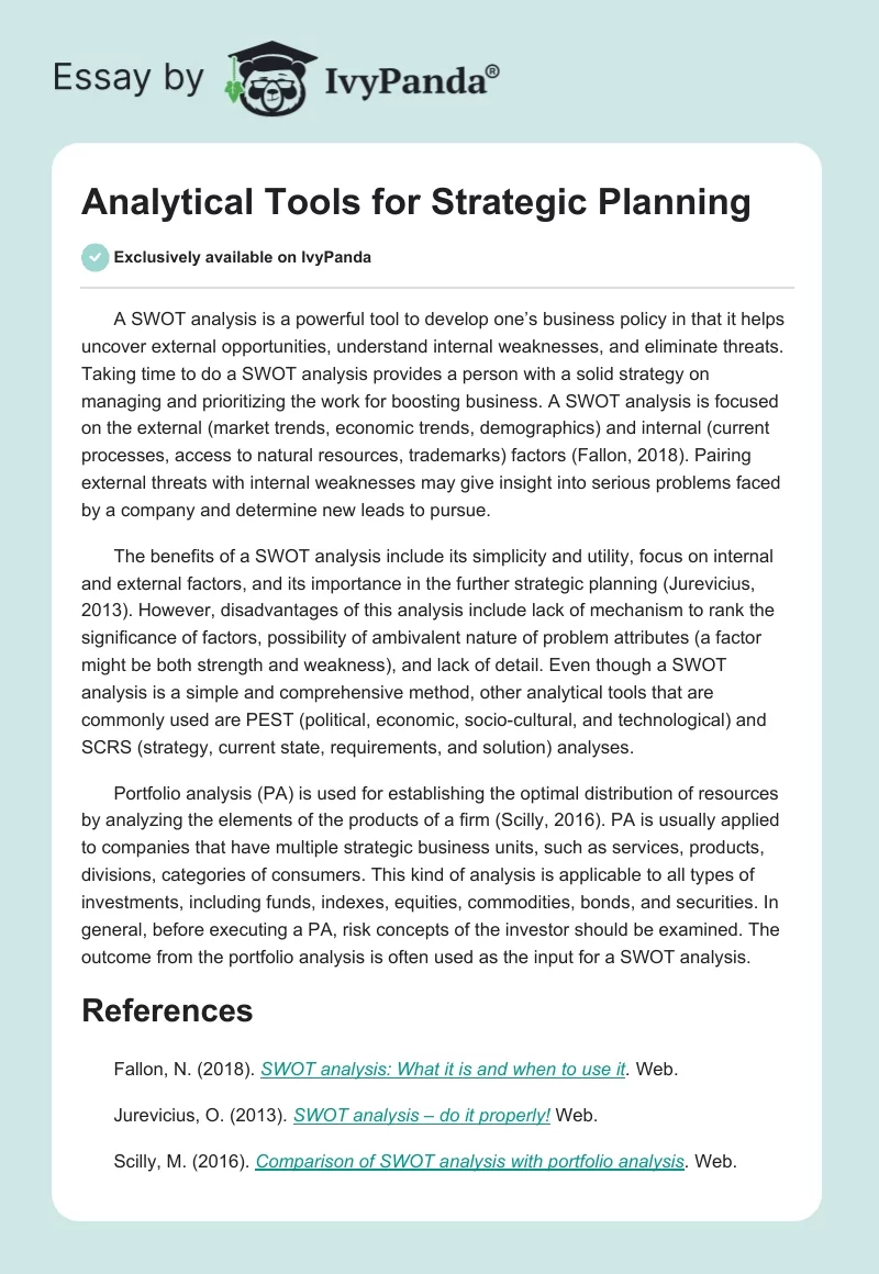 Analytical Tools for Strategic Planning. Page 1