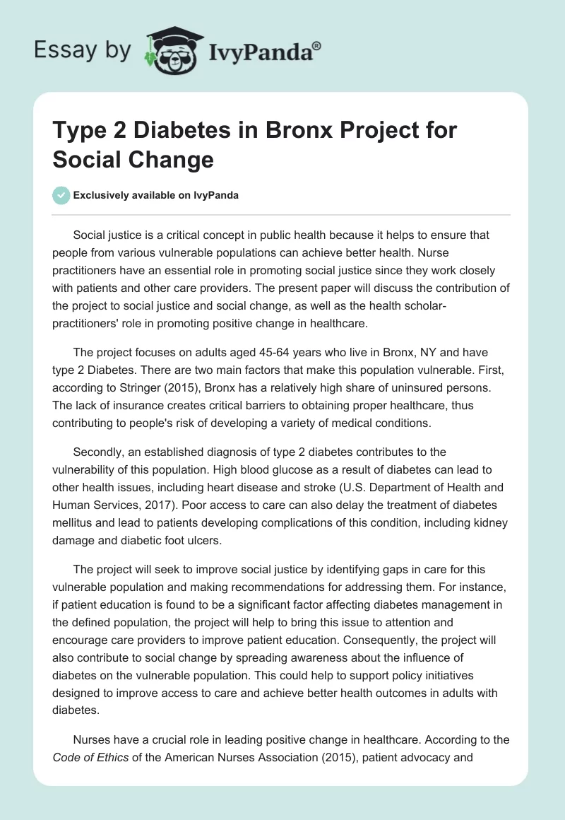 Type 2 Diabetes in Bronx Project for Social Change. Page 1