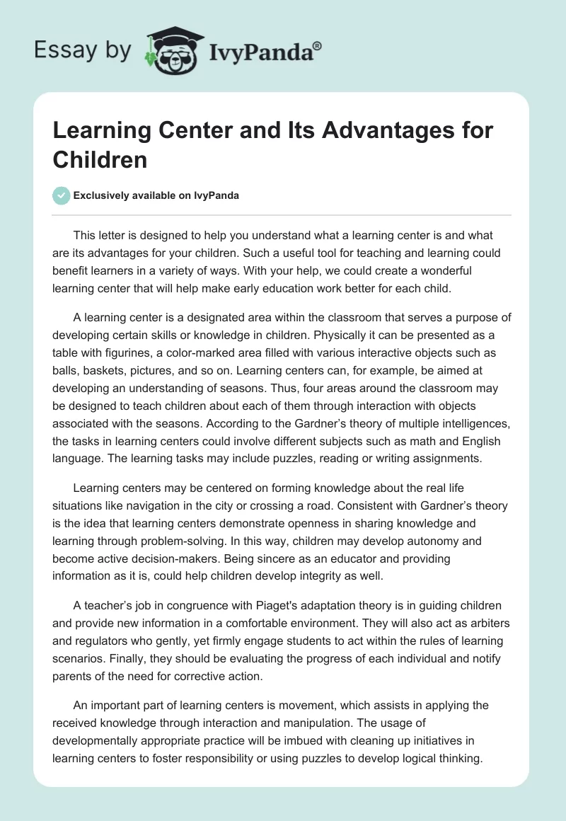 Learning Center and Its Advantages for Children. Page 1