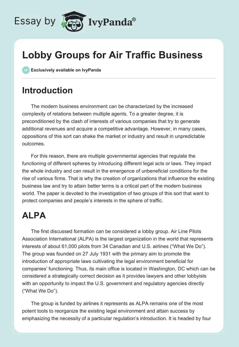 Lobby Groups for Air Traffic Business. Page 1