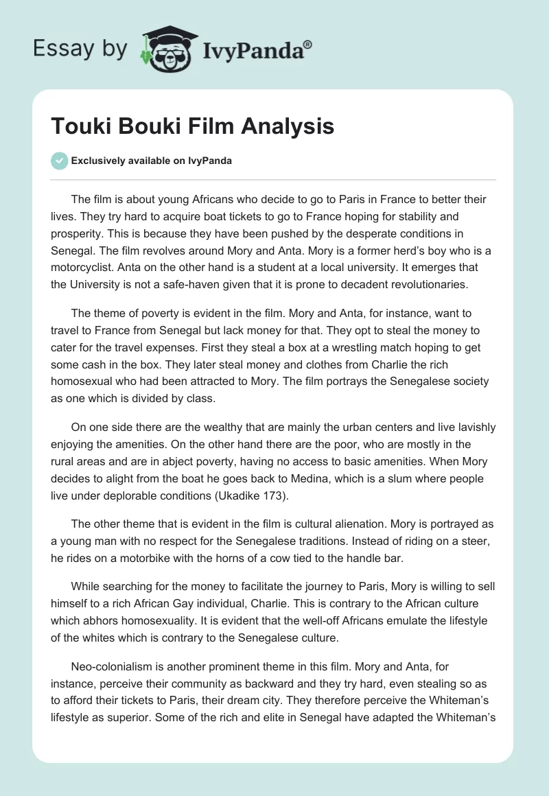 Touki Bouki Film Analysis. Page 1