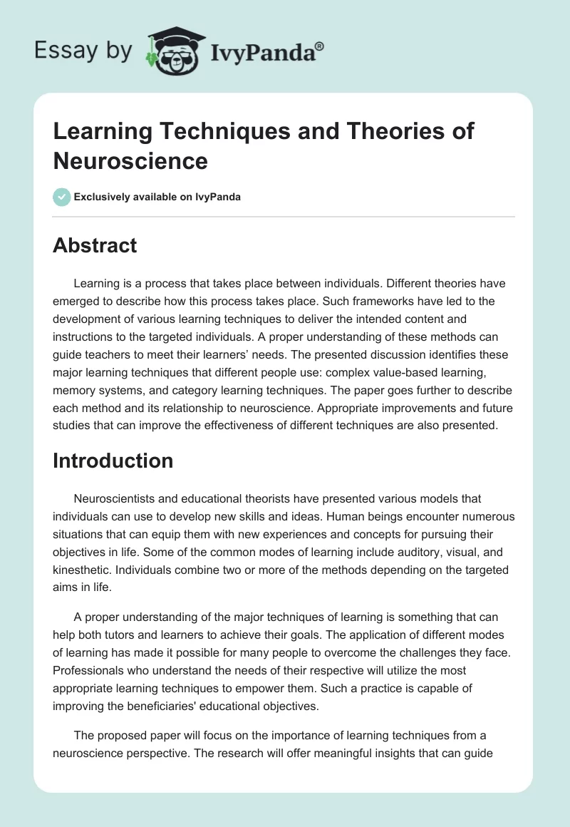 Learning Techniques and Theories of Neuroscience. Page 1