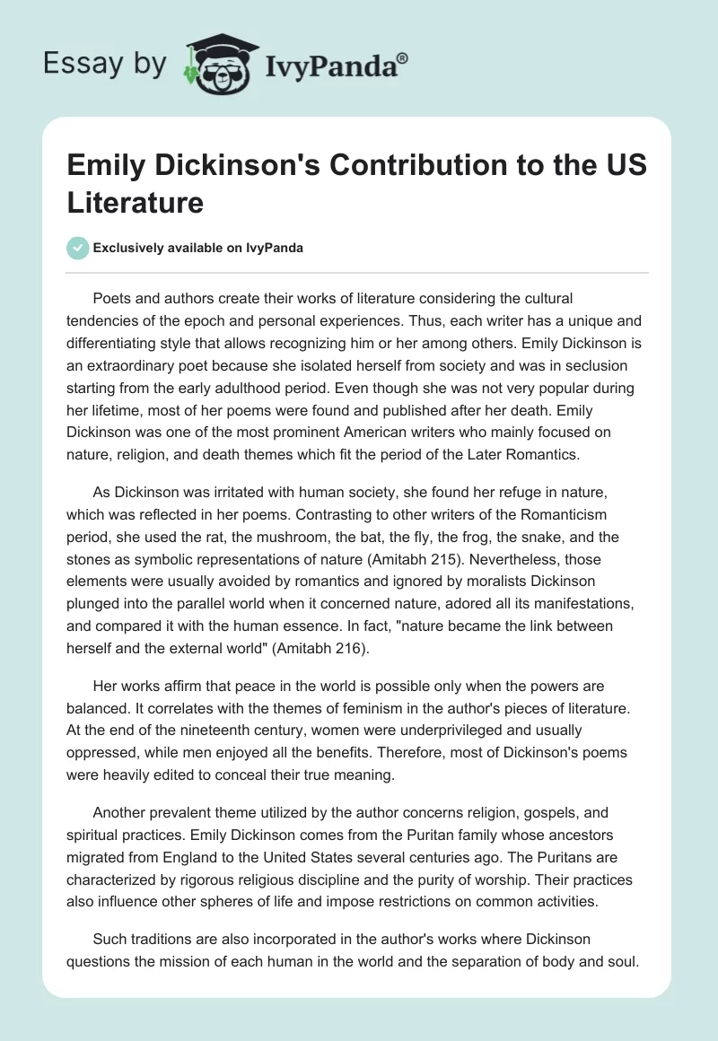 Emily Dickinson's Contribution to the US Literature. Page 1