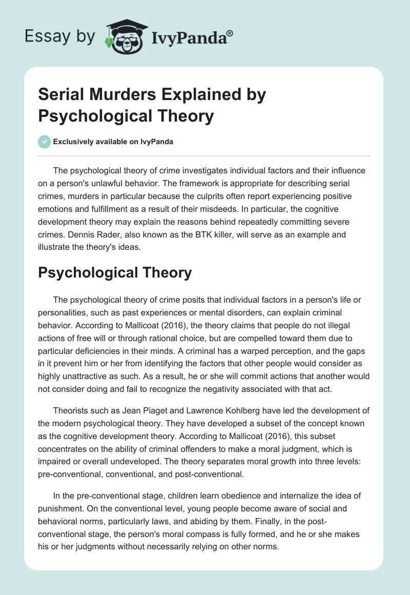 Serial Murders Explained by Psychological Theory. Page 1